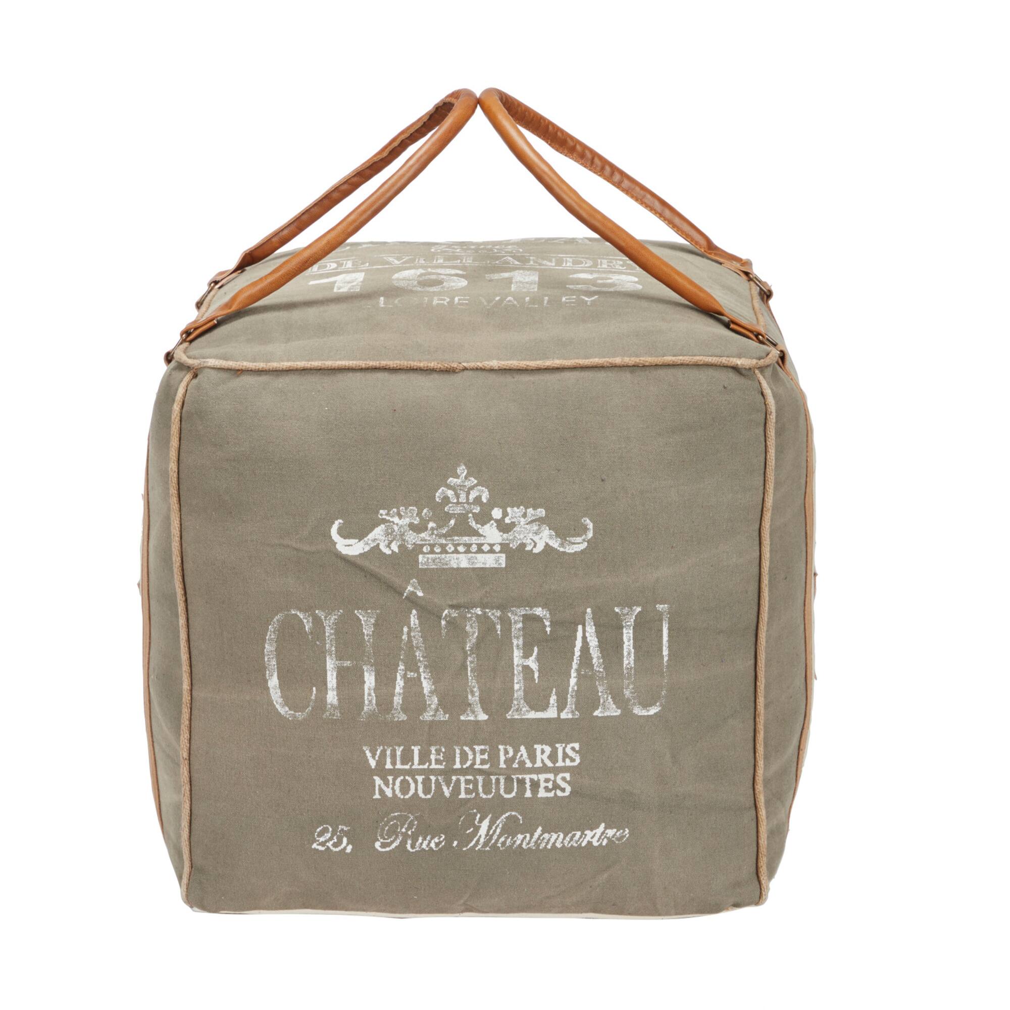 Gray Fabric and Leather Rustic Pouf, 17" x 21" x 21"